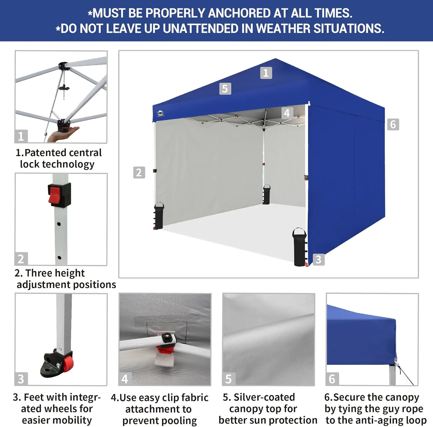 CROWN SHADES 10X10 Comercial Instant Canopy Pop Up Tent with Center Lock (10x10 with 4 Sidewalls, Navy Blue)
