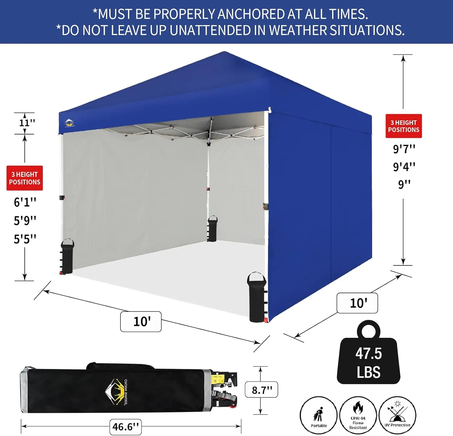 CROWN SHADES 10X10 Comercial Instant Canopy Pop Up Tent with Center Lock (10x10 with 4 Sidewalls, Navy Blue)