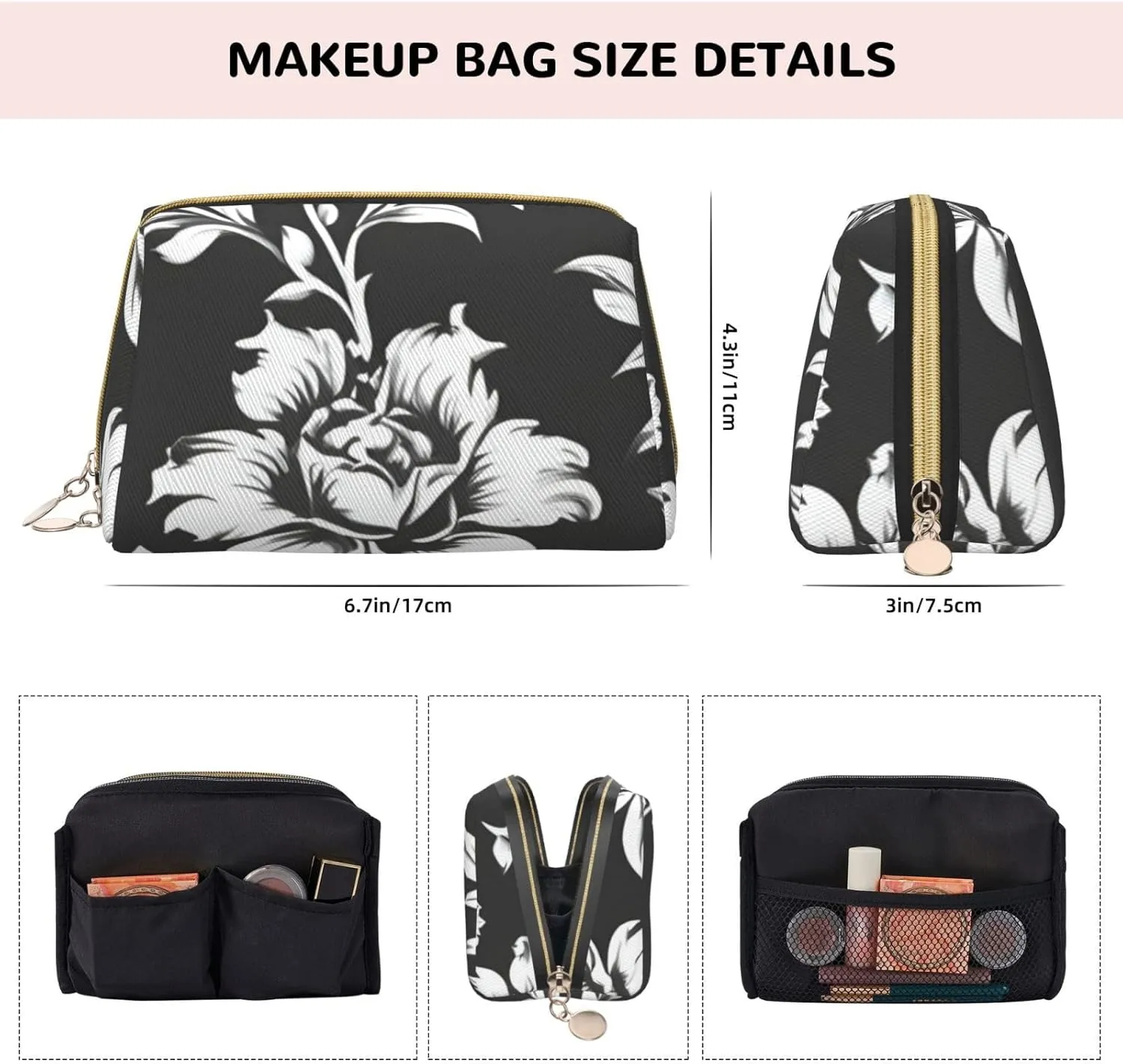 Damask Pattern Toiletry Pouch, Travel-Friendly Makeup Organizer For Makeup Brushes, Lipsticks