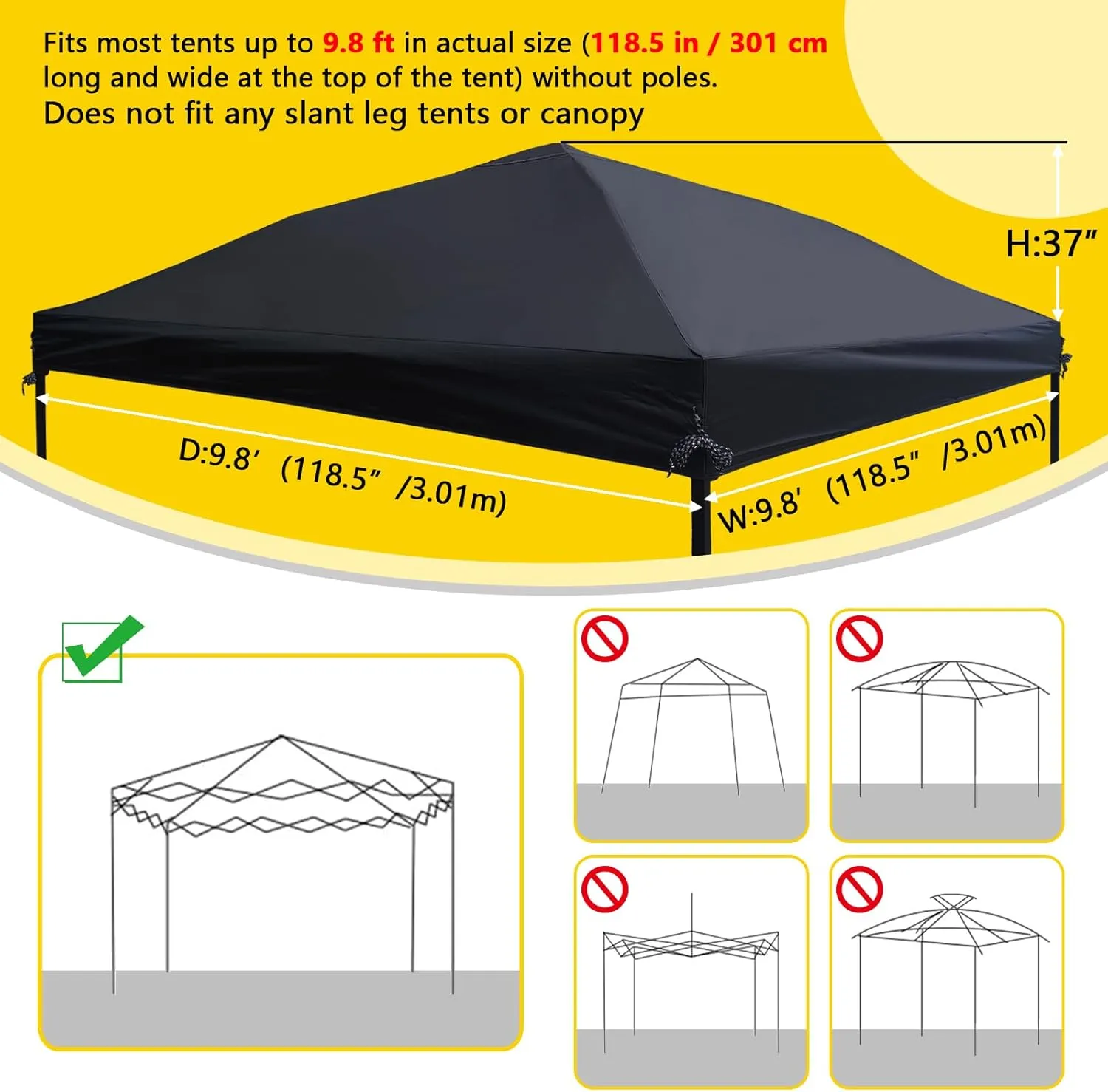 D&ONEHOS 10x10 Canopy Replacement Top, Waterproof Sunshade Canopy Tent Top Roof Cover for Outdoor Garden Patio Pavilion Sunshade with Silver Coated (Top Only,118.5“x118.5”,Black)