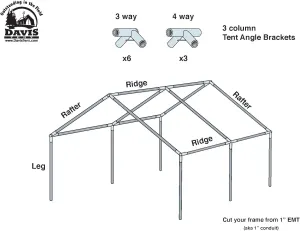 Davis Tent® Frame Connector Angle Kit, 1" EMT Conduit 4-Way & 3-Way Fittings, Complete Kit with Bag & Rubber Feet, Heavy Duty Camping Canopy & Outdoor Shelter System