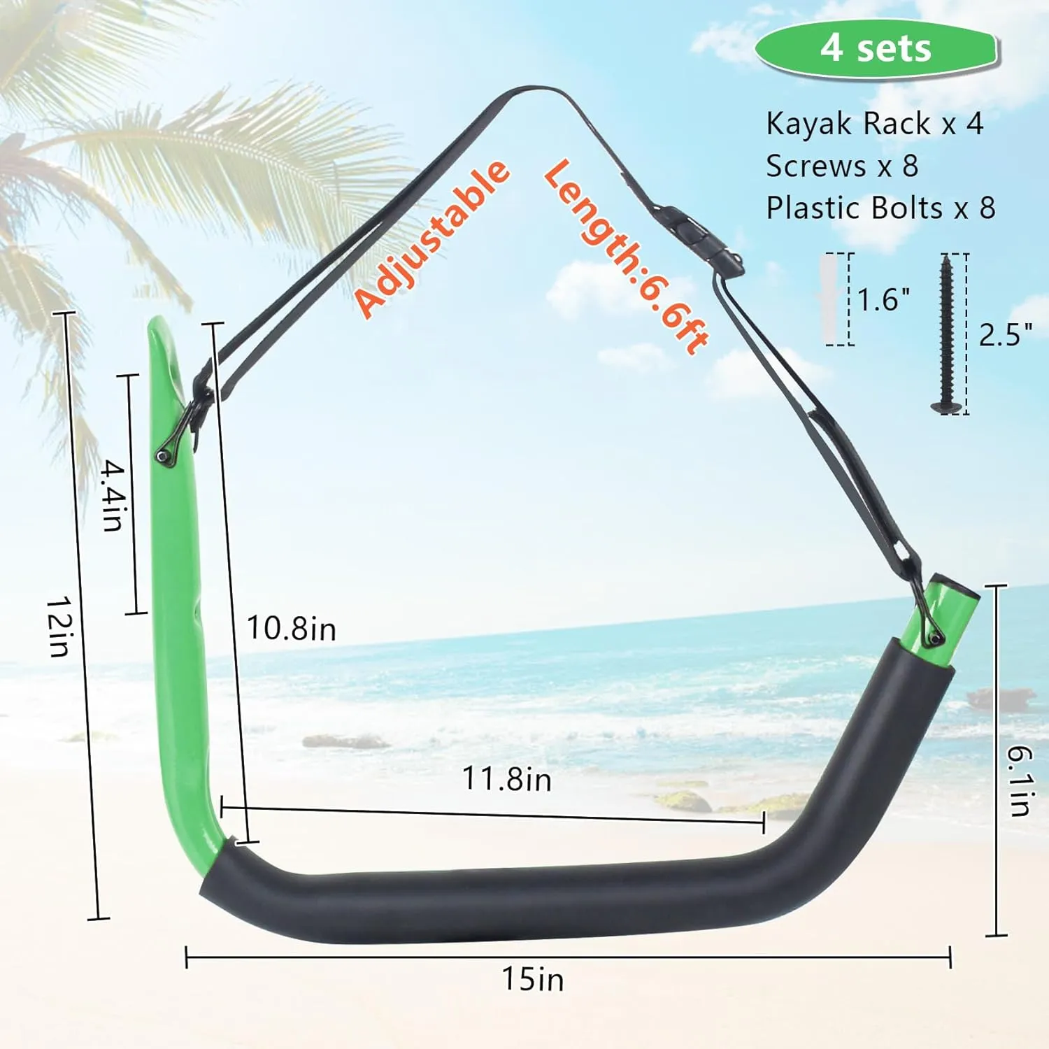 DEDU Kayak Storage Rack, Kayak Wall Mount Hangers 4 Pack, Paddle Board Holder Wall Mount Kayak Storage Hooks 15 Inch with Lashing Straps for Hanging Canoe Surfboard Snowboard Ladders Bikes