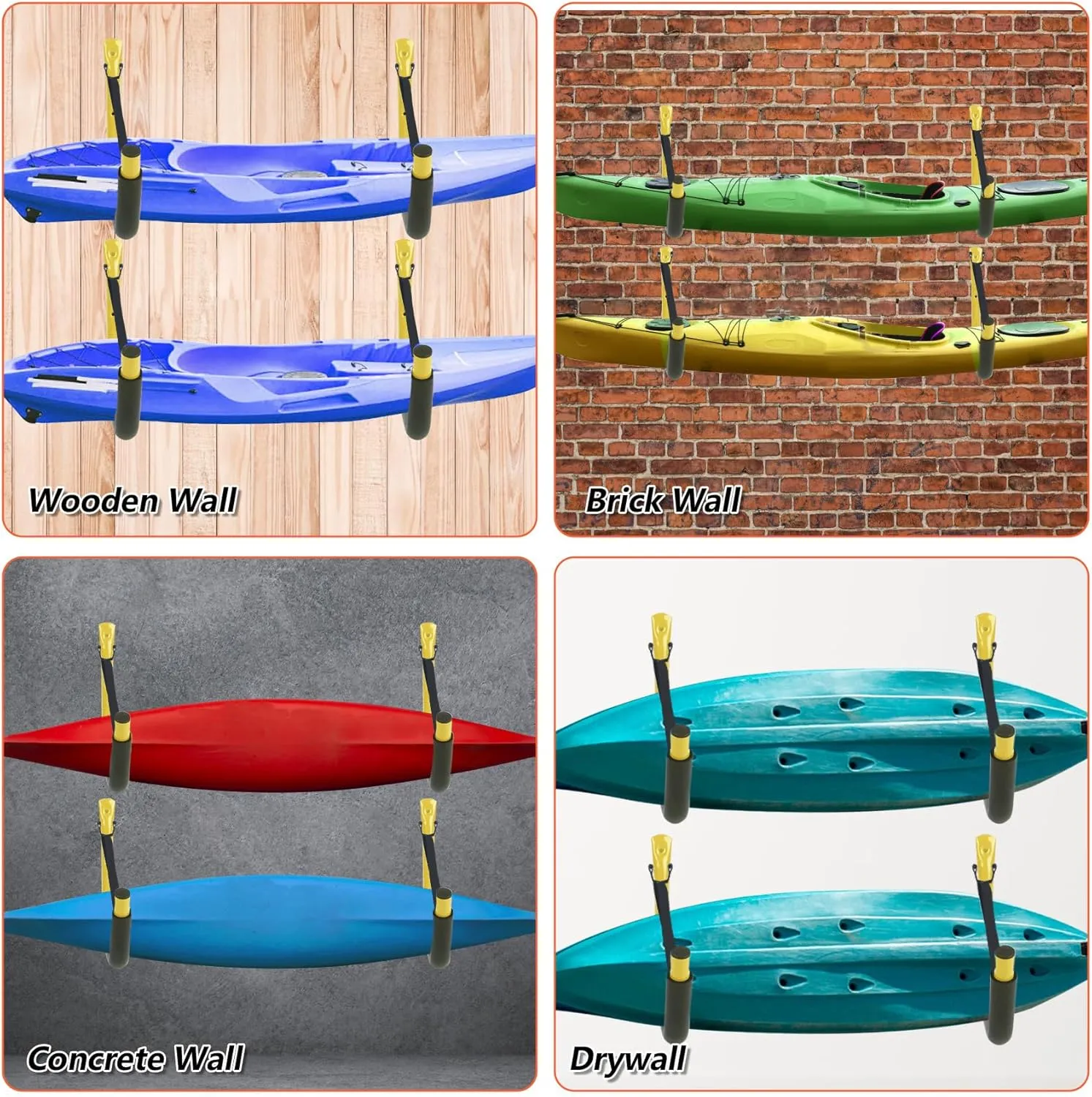 DEDU Kayak Storage Rack, Kayak Wall Mount Hangers 4 Pack, Paddle Board Holder Wall Mount Kayak Storage Hooks 15 Inch with Lashing Straps for Hanging Canoe Surfboard Snowboard Ladders Bikes