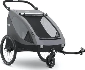 Delta Children, Jeep Everest 2-in-1 Child Bike Trailer and Stroller for 2 Kids, 2-Seater Lightweight Multisport Trailer with Converts to Jogging Stroller, Compact Fold for Travel and Storage, Grey