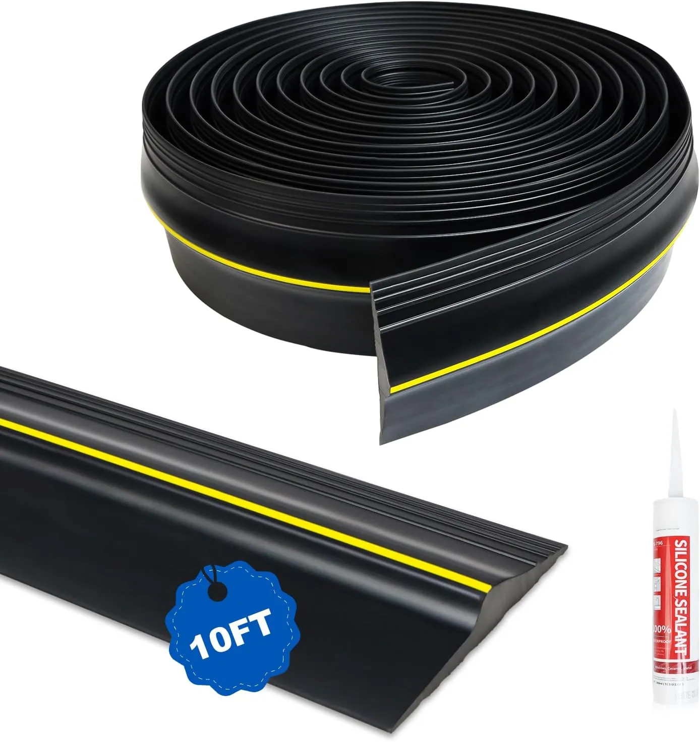 DGSL Universal Garage Threshold Seal Strip with Sealants/Adhesive, 10FT Waterproof Garage Door Bottom Rubber, DIY Garage Door Weather Stripping Replacement, Black