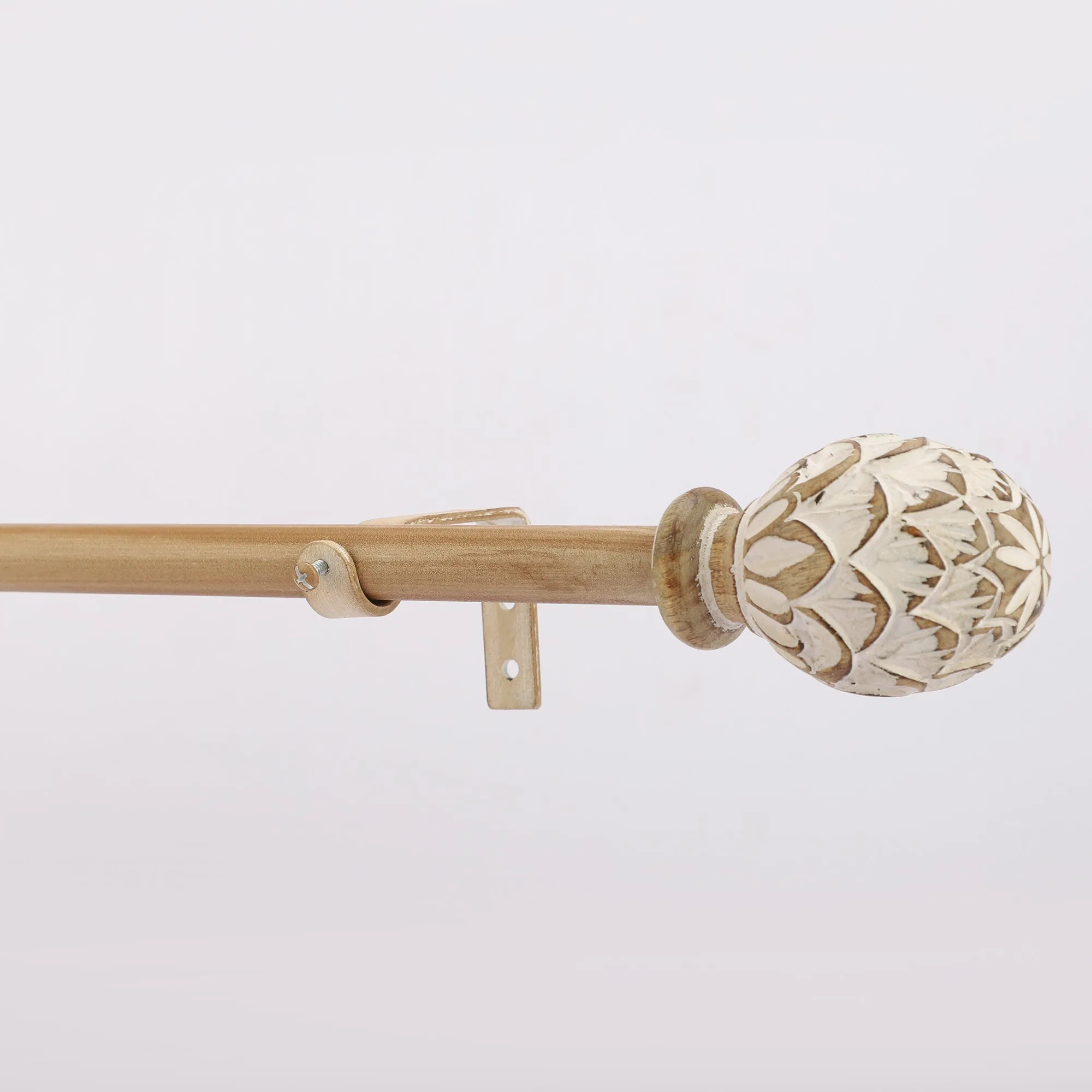 Distressed White Carved Wood Finial Extendable Curtain Rod Gold 19MM (Hardware Included)