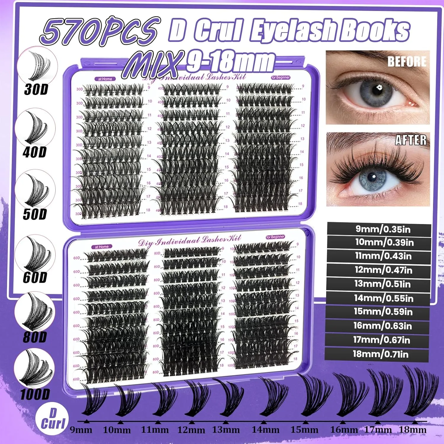 DIY Lash Extension Kit 690Pcs D Curl Individual Lash Clusters Eyelashes Extension Set with Mirror Lash Storage Box Lash Bond&Seal Glue Remover Tweezers Lash Brush Applicator