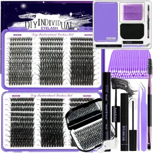 DIY Lash Extension Kit 690Pcs D Curl Individual Lash Clusters Eyelashes Extension Set with Mirror Lash Storage Box Lash Bond&Seal Glue Remover Tweezers Lash Brush Applicator