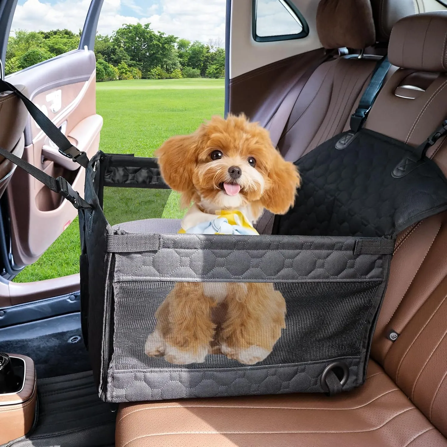 Dog Car Seat for Medium Small Dogs, Pet Car Seat with Adjustable Safety Belt & Storage Pockets, Breathable Waterproof Pet Car Seats Cover, Small Dog Seats for Dogs Under 25lbs (Medium, Black)