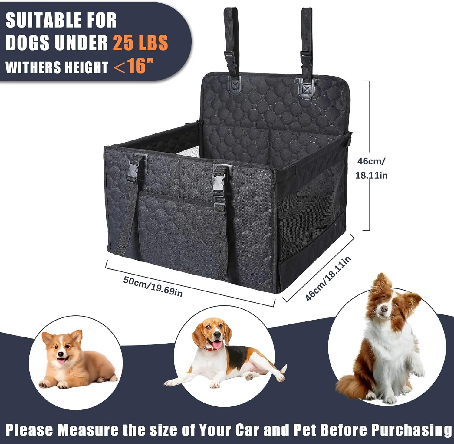 Dog Car Seat for Medium Small Dogs, Pet Car Seat with Adjustable Safety Belt & Storage Pockets, Breathable Waterproof Pet Car Seats Cover, Small Dog Seats for Dogs Under 25lbs (Medium, Black)
