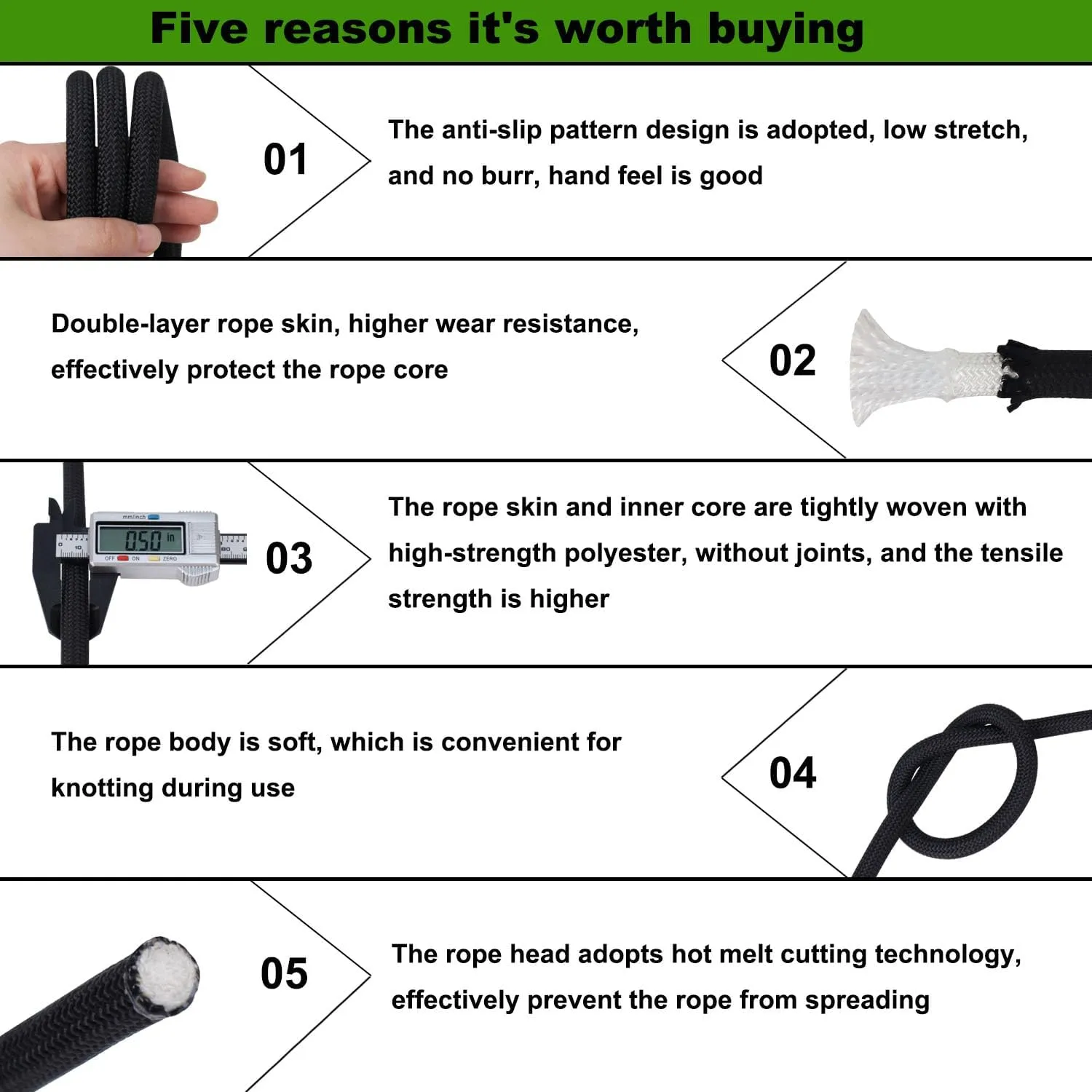 Double Braided Polyester Rope (1/2 in x 50 ft) Strong Arborist Rigging Rope 48 Strands for Tree Work Climbing Camping Sailing, Black