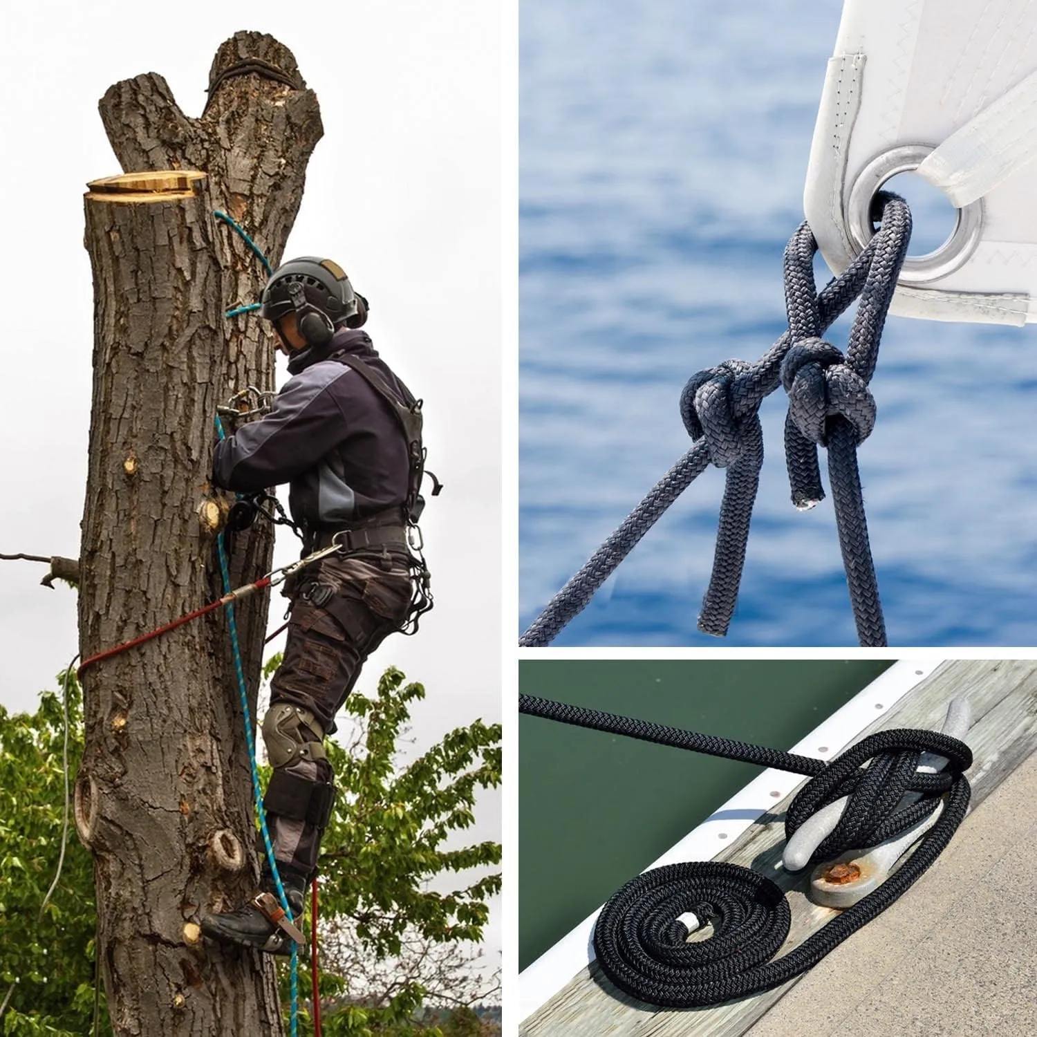 Double Braided Polyester Rope (1/2 in x 50 ft) Strong Arborist Rigging Rope 48 Strands for Tree Work Climbing Camping Sailing, Black