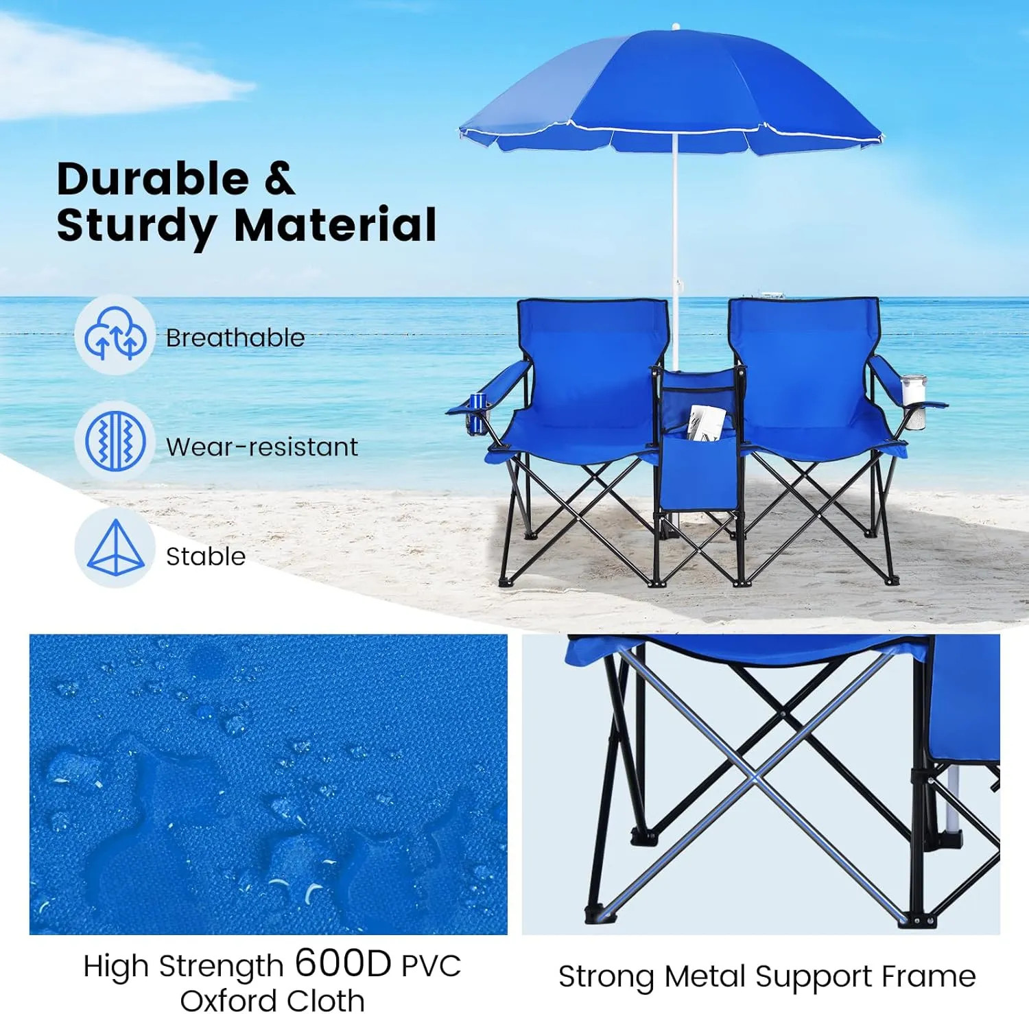 Double Camping Chair, 2-Person Portable Beach Chair w/Removable Umbrella, Cup Holders & Carrying Bag, Folding Loveseat Chairs for Adults Outdoor Picnic (Blue)