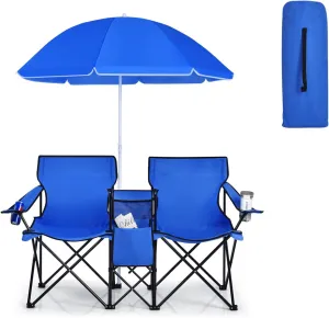 Double Camping Chair, 2-Person Portable Beach Chair w/Removable Umbrella, Cup Holders & Carrying Bag, Folding Loveseat Chairs for Adults Outdoor Picnic (Blue)