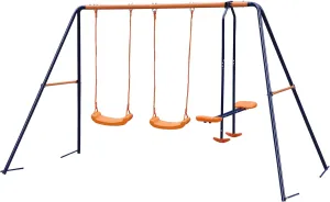 Double Swing Set with 2 Swing Seats with 1 Seesaw Play Set, Metal A-Frame Garden Double Swing Slider Set for Children, All-Weather Resistant for Outdoor Use