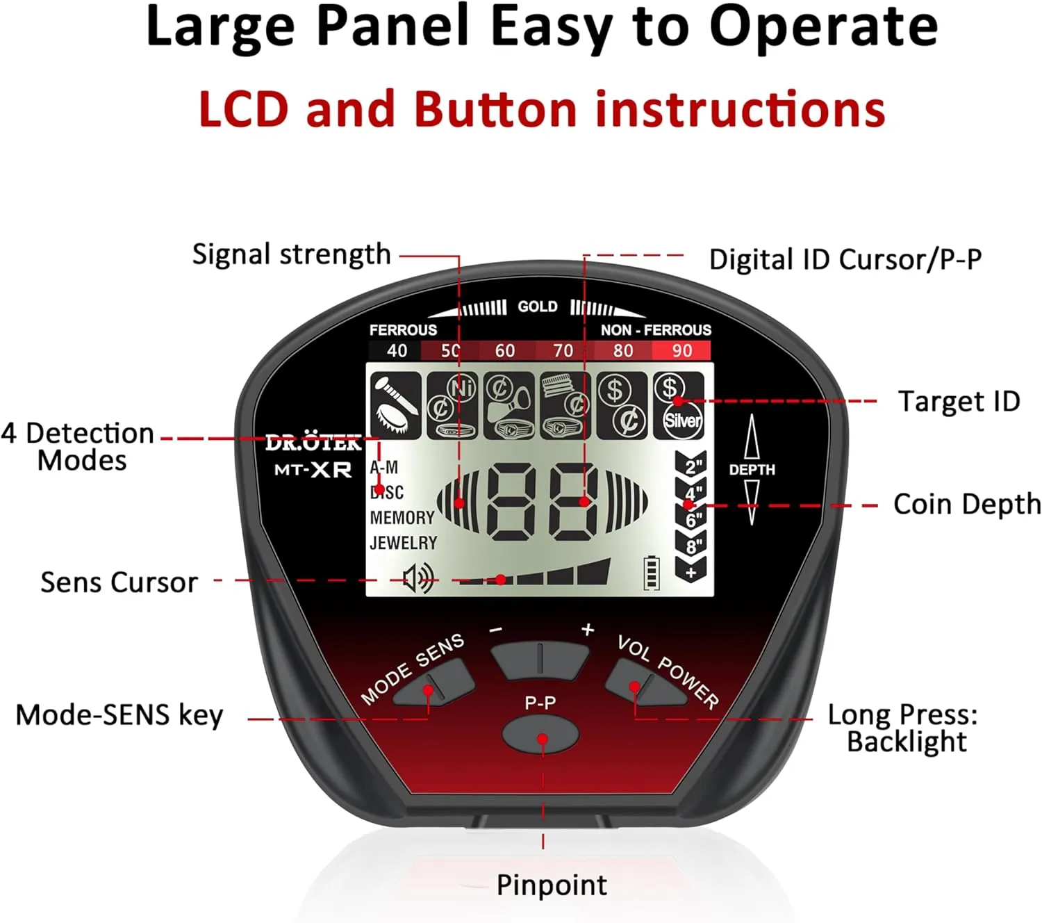 DR.ÖTEK Metal Detector for Adults Professional, Pinpoint Metal Detector Waterproof Gold and Silver, Higher Accuracy, Bigger LCD Display, Strong Memory Mode, 10" IP68 Coil, New Advanced DSP Chip