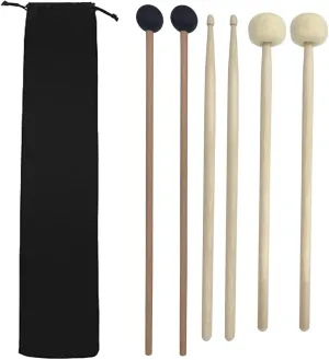 Drum Mallets Kit with Storage Bag Include 1 Pair Felt Head Timpani Mallets, 1 Pair Rubber Head Bell Mallets, 1 Pair Wood Drumsticks, Percussion Mallets for Steel Drum Glockenspiel Xylophone