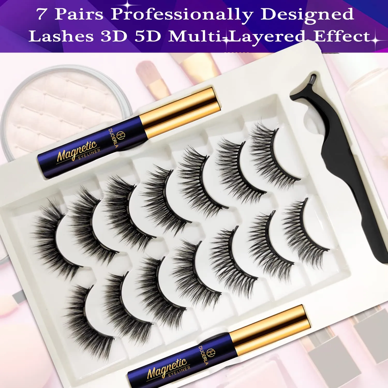 DUOERLA Magnetic Eyelashes - 7 Pairs 3D Medium Magnetic Lashes - 2 Tubes of Liner - Upgraded Natural Look, Long Lasting, Waterproof, Reusable Fake Eyelashes with Applicator - Easy to Apply