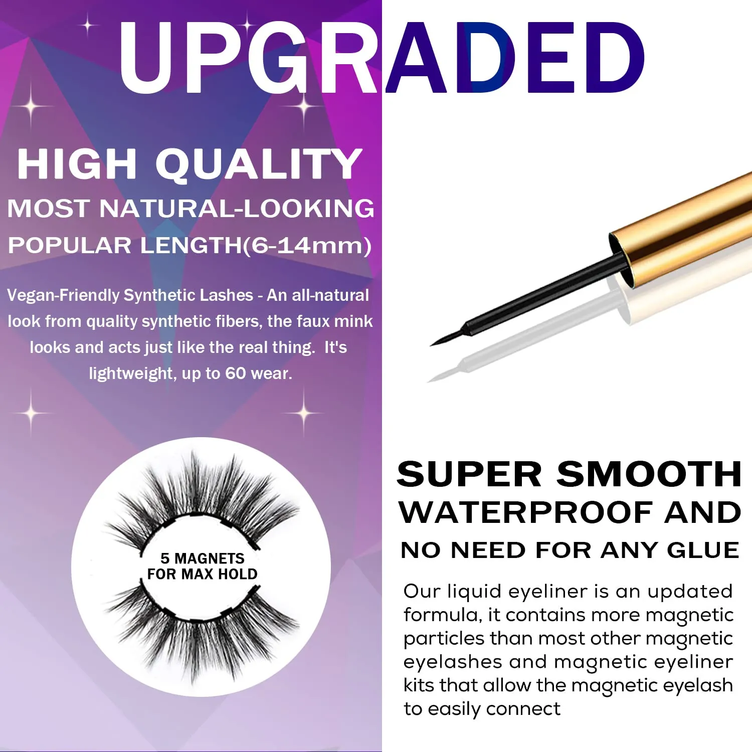 DUOERLA Magnetic Eyelashes - 7 Pairs 3D Medium Magnetic Lashes - 2 Tubes of Liner - Upgraded Natural Look, Long Lasting, Waterproof, Reusable Fake Eyelashes with Applicator - Easy to Apply