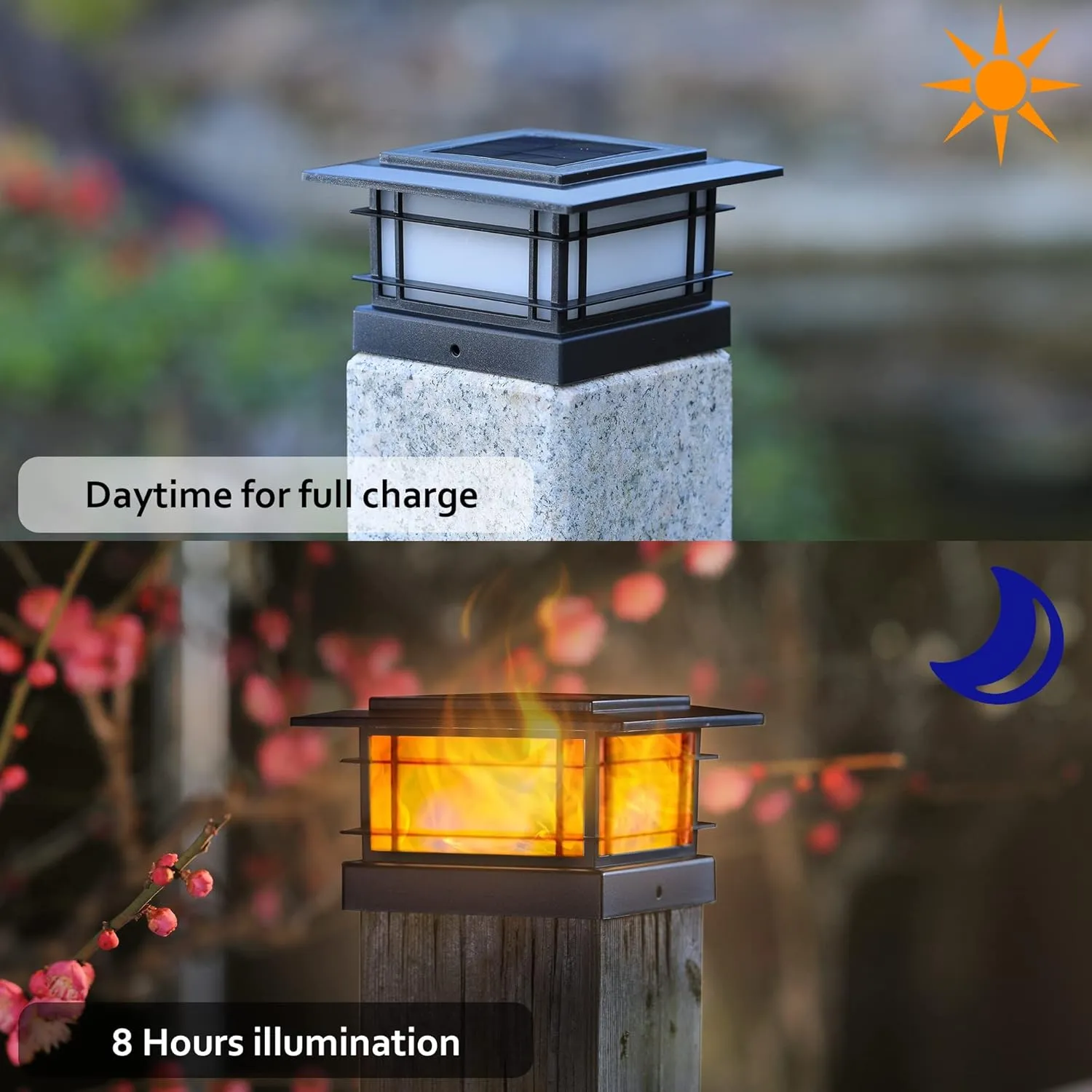 Dynaming 8 Pack Solar Post Cap Lights Outdoor with Flickering Flame Light, Fence Post Solar Lights Fit for 4x4 5x5 6x6 Vinyl/Wooden Posts, High Brightness SMD LED Lighting Decor for Garden Deck Patio