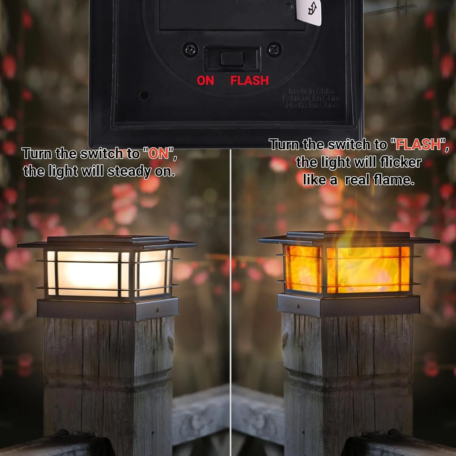 Dynaming 8 Pack Solar Post Cap Lights Outdoor with Flickering Flame Light, Fence Post Solar Lights Fit for 4x4 5x5 6x6 Vinyl/Wooden Posts, High Brightness SMD LED Lighting Decor for Garden Deck Patio
