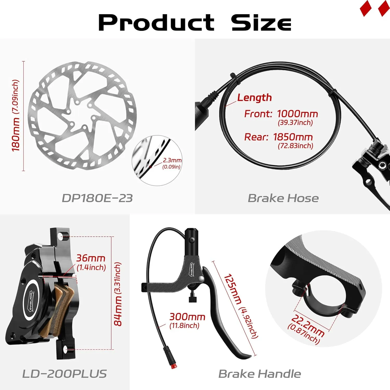 E-Bike Hydraulic Disc Brake Set 4-Pistons/2-Pistons, 2-PIN/3-PIN Pre-Bled with Mineral Oil Brakes Kit，Front and Rear Set，180mm 2.3mm Thick Rotors
