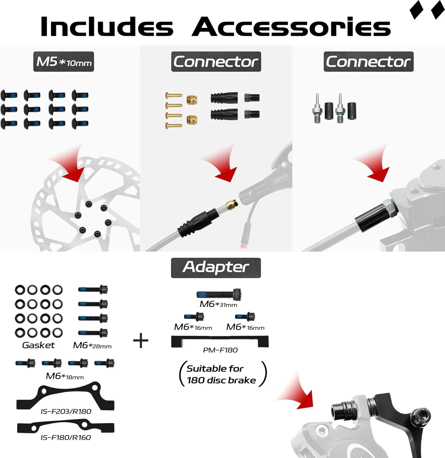 E-Bike Hydraulic Disc Brake Set 4-Pistons/2-Pistons, 2-PIN/3-PIN Pre-Bled with Mineral Oil Brakes Kit，Front and Rear Set，180mm 2.3mm Thick Rotors