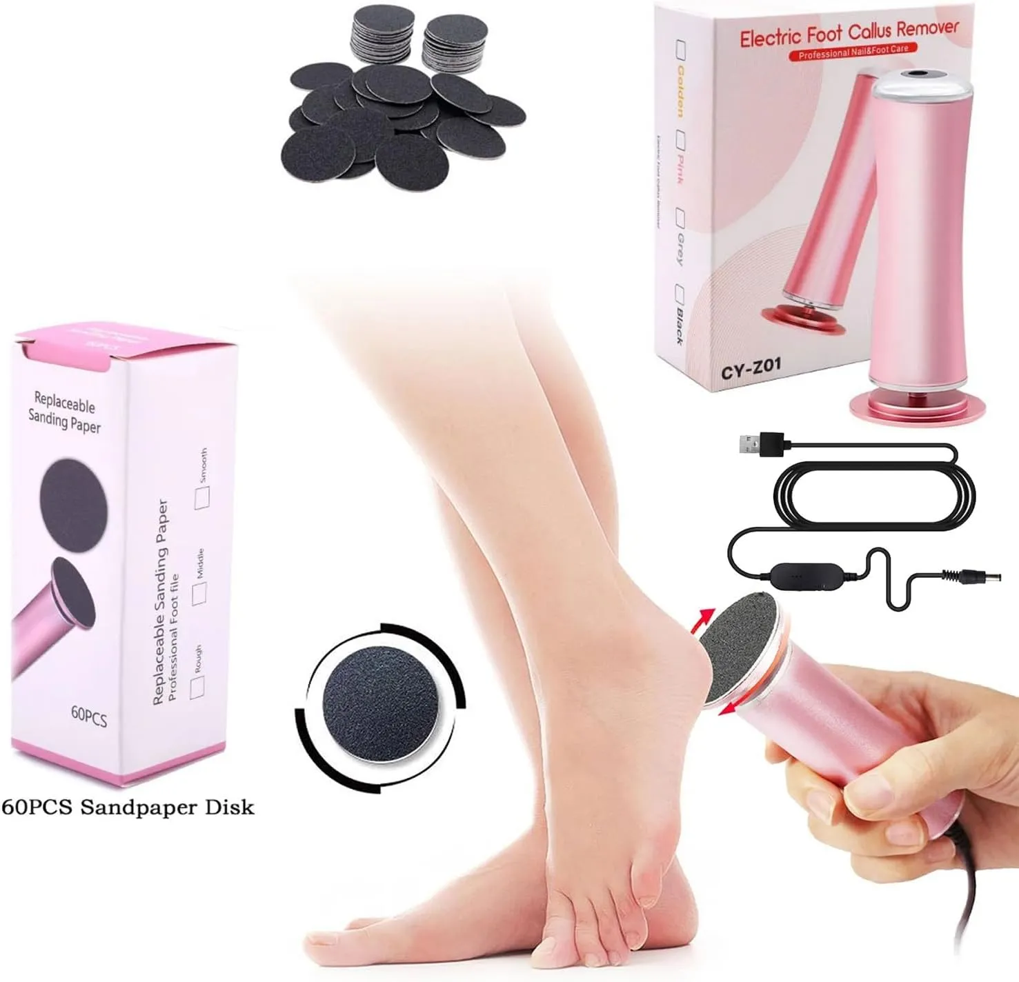 Electric Foot Callus Remover,Foot Callus Remover Tool Electric,Pain-Free Summer Electric Foot File Callus Remover for Dead Dry Crack Calluses with 60pcs Sanding Discs (Pink)