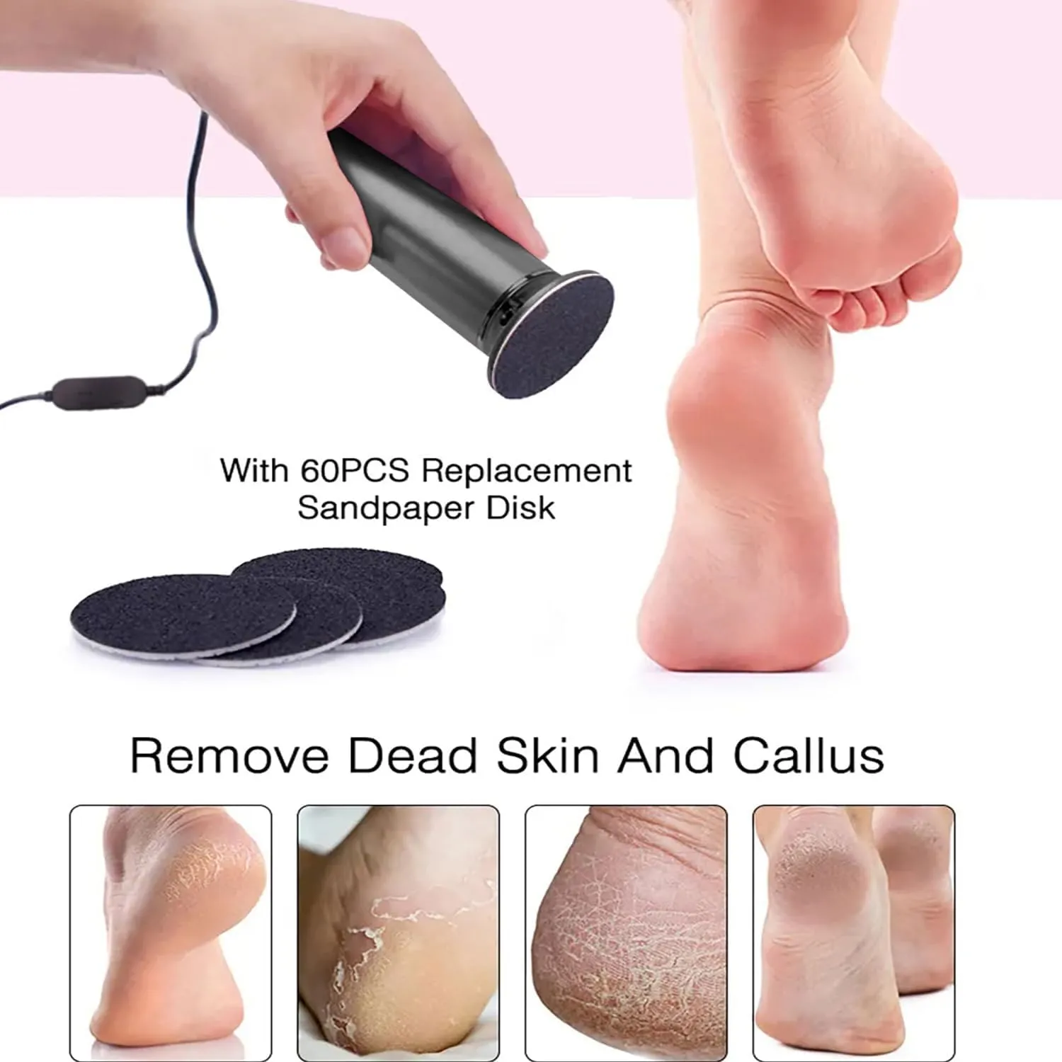Electric Foot Callus Remover,Foot Callus Remover Tool Electric,Pain-Free Summer Electric Foot File Callus Remover for Dead Dry Crack Calluses with 60pcs Sanding Discs (Pink)