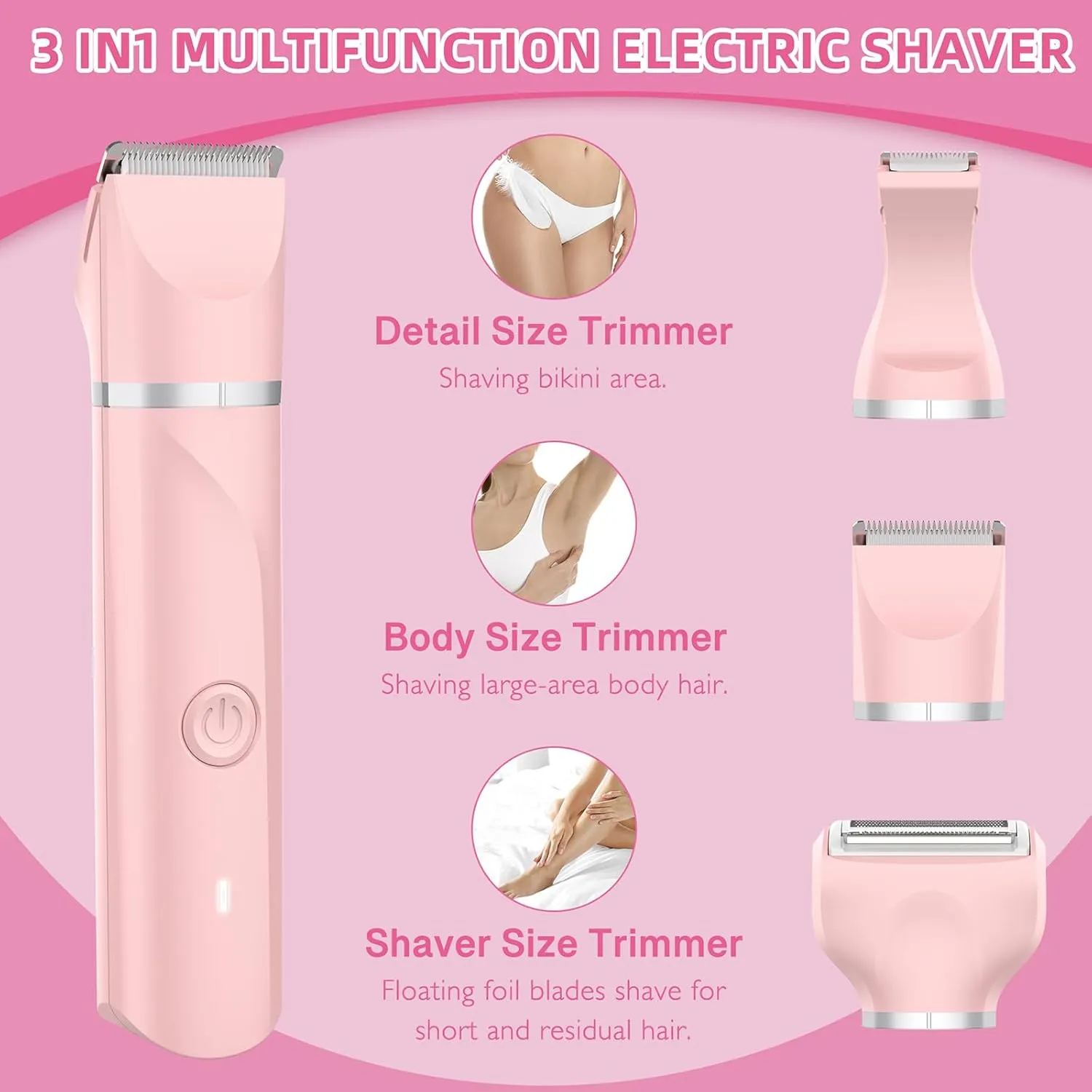 Electric Razors for Women: 3-in-1 Rechargeable Bikini Trimmer & Shaver – Waterproof Body Hair Remover for Pubic, Legs, Face, Underarms – Wet & Dry Use, Painless Grooming Kit for Smooth Skin