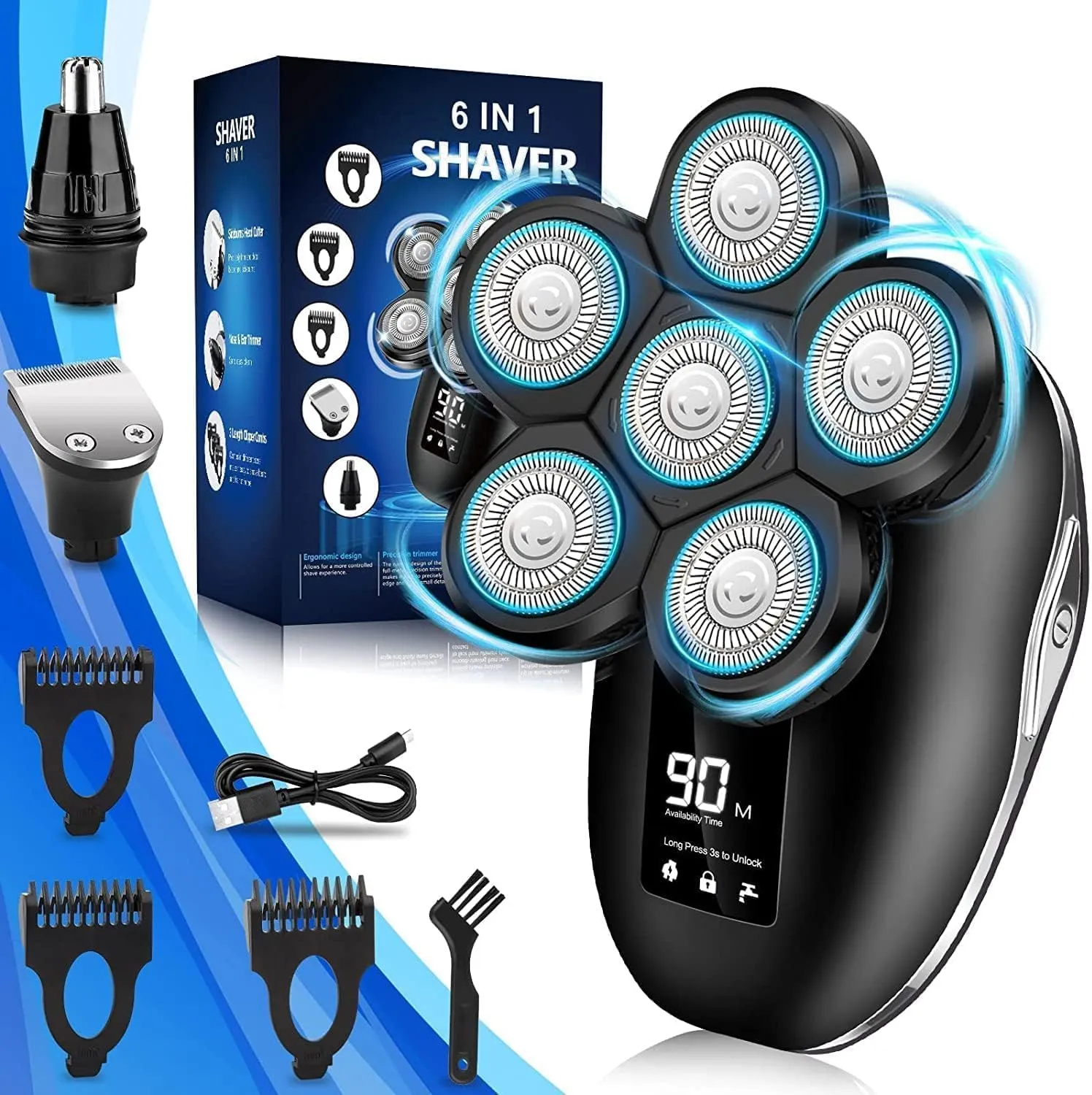 Electric Shaver for Men, 6 in 1 Electric Razor for Men, IPX7 Wet/Dry Waterproof Men's Shavers Rotary Head with Shavers Kit LED Display, Gifts for Husband, Dad,Boyfriend (Silver)