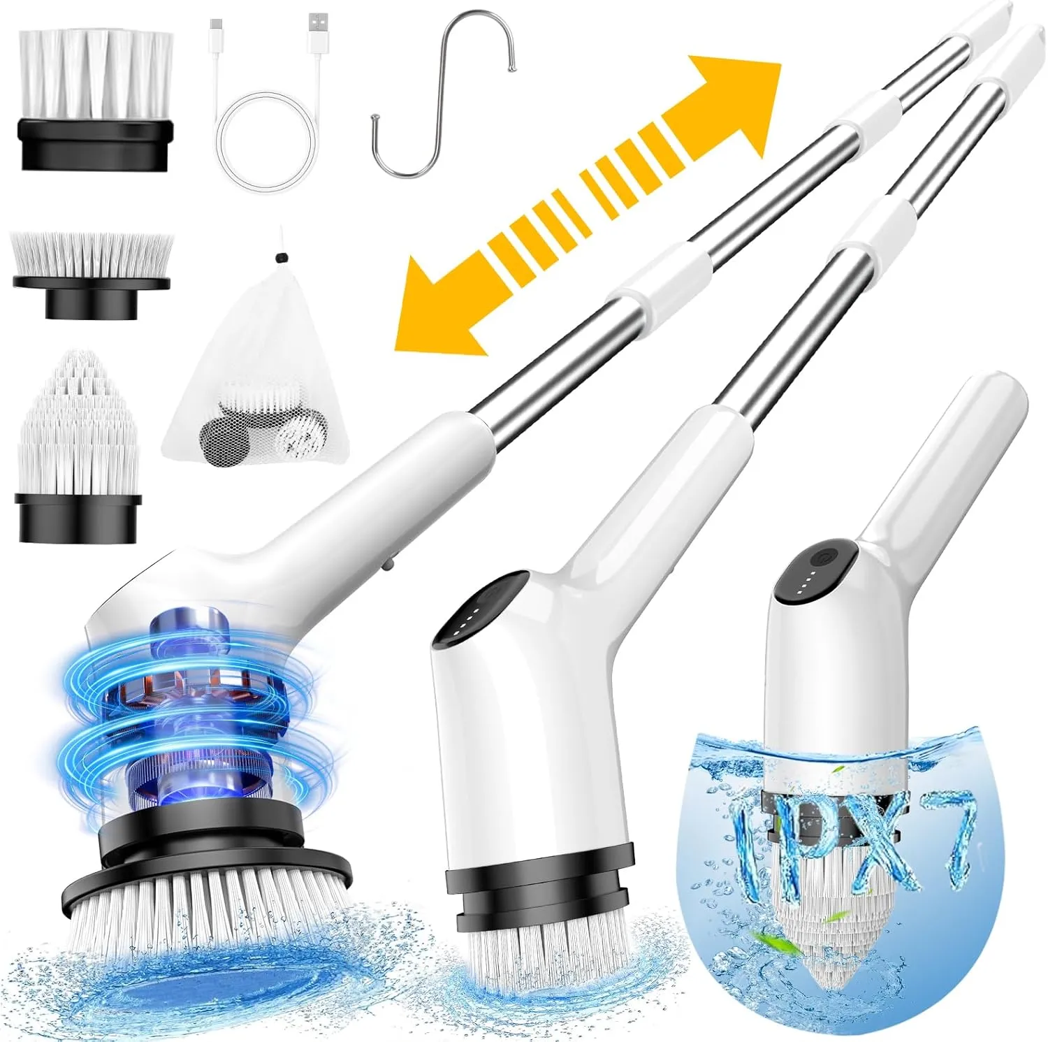 Electric Spin Scrubber for Cleaning Bathroom, Toilet Shower Scrubber with Extendable 53.3'' Arm | 2-Speed, 3 Brush Heads | Versatile Power Scrubber for Toilet Bathroom, Shower, Tub, Tile, Car, White