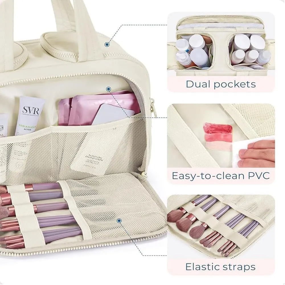 Elouva Toiletry Bag, Large Capacity Wide-Open Travel Makeup Bag, 4-in-1 Puffy Multi-functional Cosmetic Bags for Women, Portable Waterproof Open Flat Organizer Bags (Blue)
