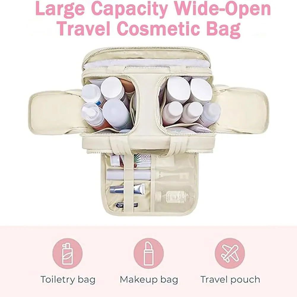 Elouva Toiletry Bag, Large Capacity Wide-Open Travel Makeup Bag, 4-in-1 Puffy Multi-functional Cosmetic Bags for Women, Portable Waterproof Open Flat Organizer Bags (Blue)