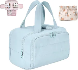 Elouva Toiletry Bag, Large Capacity Wide-Open Travel Makeup Bag, 4-in-1 Puffy Multi-functional Cosmetic Bags for Women, Portable Waterproof Open Flat Organizer Bags (Blue)