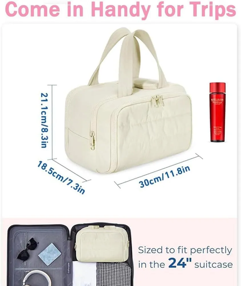 Elouva Toiletry Bag, Large Capacity Wide-Open Travel Makeup Bag, 4-in-1 Puffy Multi-functional Cosmetic Bags for Women, Portable Waterproof Open Flat Organizer Bags (Blue)