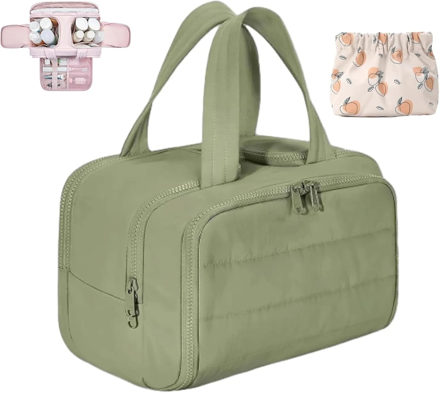 Elouva Toiletry Bag, Large Capacity Wide-Open Travel Makeup Bag, 4-in-1 Puffy Multi-functional Cosmetic Bags for Women, Portable Waterproof Open Flat Organizer Bags (Green)
