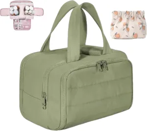 Elouva Toiletry Bag, Large Capacity Wide-Open Travel Makeup Bag, 4-in-1 Puffy Multi-functional Cosmetic Bags for Women, Portable Waterproof Open Flat Organizer Bags (Green)