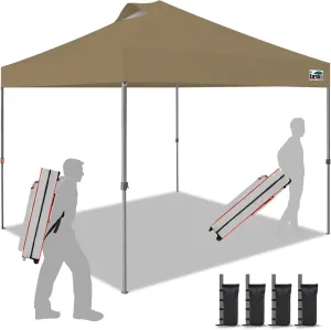 Eurmax USA NOMATTER ONE-Person Open&Close 10x10ft Pop Up Canopy Tent，Portable Shelter Canopy for Outdoor Events，Instant Canopies, Temporary Sunshade,Bonus 4 Sand Bags(Khaki)