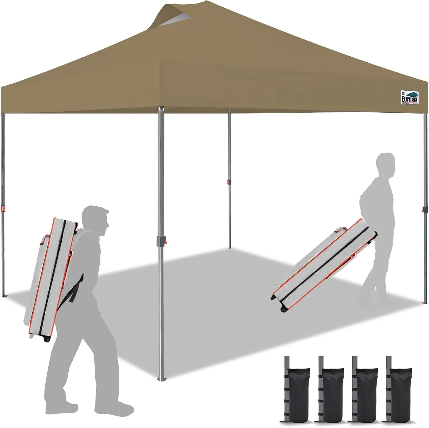 Eurmax USA NOMATTER ONE-Person Open&Close 10x10ft Pop Up Canopy Tent，Portable Shelter Canopy for Outdoor Events，Instant Canopies, Temporary Sunshade,Bonus 4 Sand Bags(Khaki)