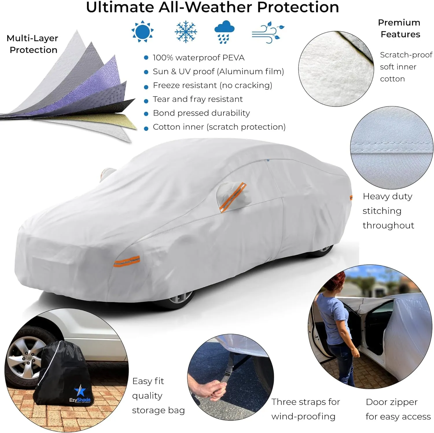 EzyShade 10-Layer Car Cover Waterproof All Weather - See Vehicle Size-Chart - Car Covers for Automobiles & Car Snow Cover - Full Exterior Covers - Winter Rain Sun SUV Sedan. Size A4 (See SizeChart)