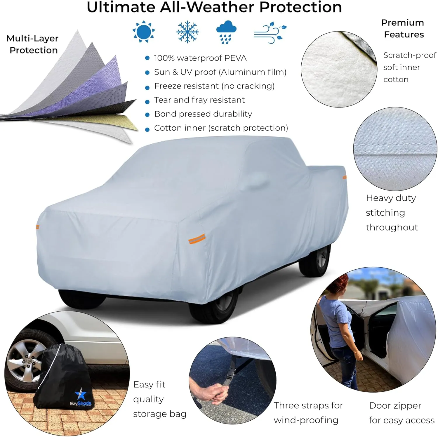 EzyShade 10-Layer Truck Cover Waterproof All Weather. See Vehicle Size-Chart for Accurate Fit. Full Outdoor Pickup Truck Covers for F250 F150 Tundra Titan. Sun Wind Rain. Size T5 (See SizeChart)