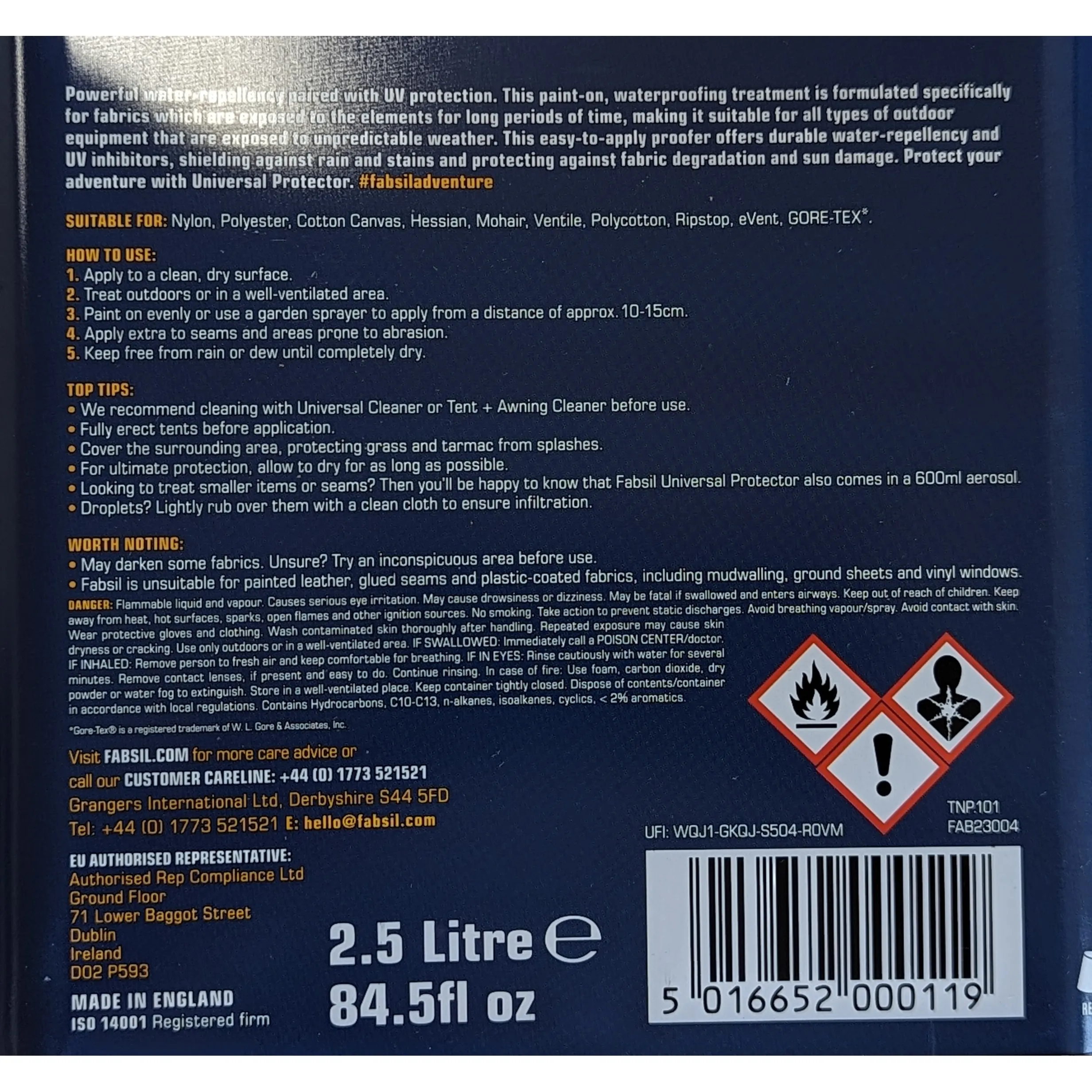 Fabsil 2.5L Litre Brush on Waterproofing Sealant Tent Awning Canvas Grangers