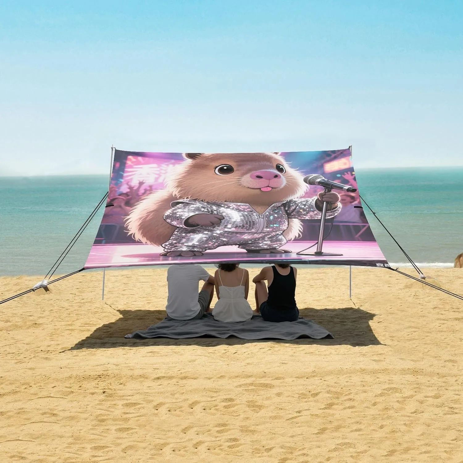 Fashion Capybara Singer Beach Camping Tent Sun Shelter for Whole Family, Beach Shade Canopy with UPF50  UV Protection,Easy Set Up and Carry,Outdoor Shade for Trips, Fishing, Backyard Fun Picnic