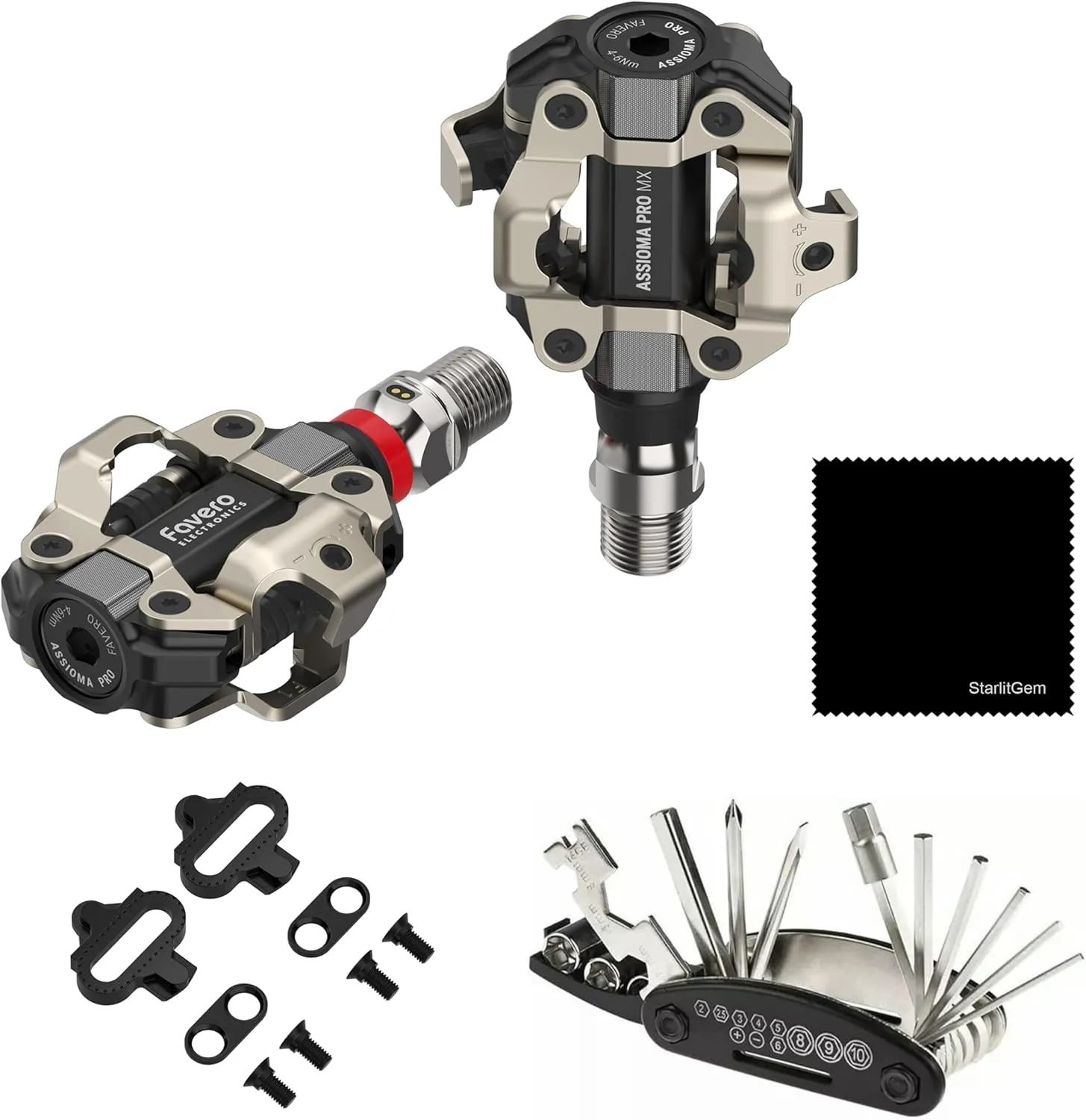 Favero Assioma Pro MX-1 Upgraded Single-Sided Power Meter Pedals Bundled with Extra SPD Cleats, Cleaning Cloth and Multi Tool Kit