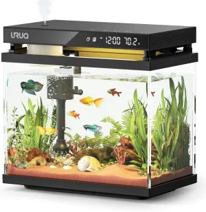 Fish Tank Smart Aquarium Kit: URUQ 2Gal UHD Glass Silent Pump Self Cleaning Multi-Layer Filtration System - 7 Color Lights Fragrance Diffuser Humidifier Temperature Display - Room Desktop Decor Black