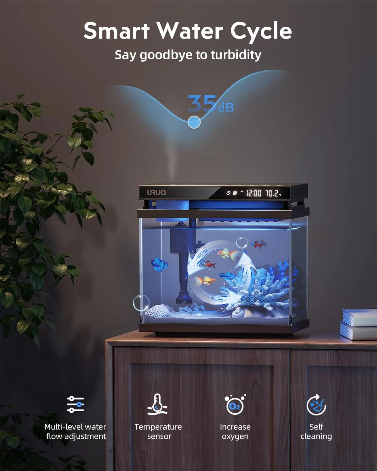 Fish Tank Smart Aquarium Kit: URUQ 2Gal UHD Glass Silent Pump Self Cleaning Multi-Layer Filtration System - 7 Color Lights Fragrance Diffuser Humidifier Temperature Display - Room Desktop Decor Black