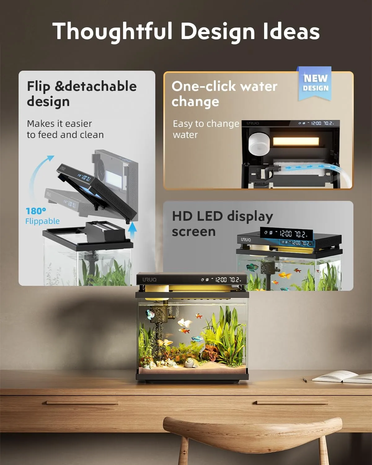 Fish Tank Smart Aquarium Kit: URUQ 2Gal UHD Glass Silent Pump Self Cleaning Multi-Layer Filtration System - 7 Color Lights Fragrance Diffuser Humidifier Temperature Display - Room Desktop Decor Black