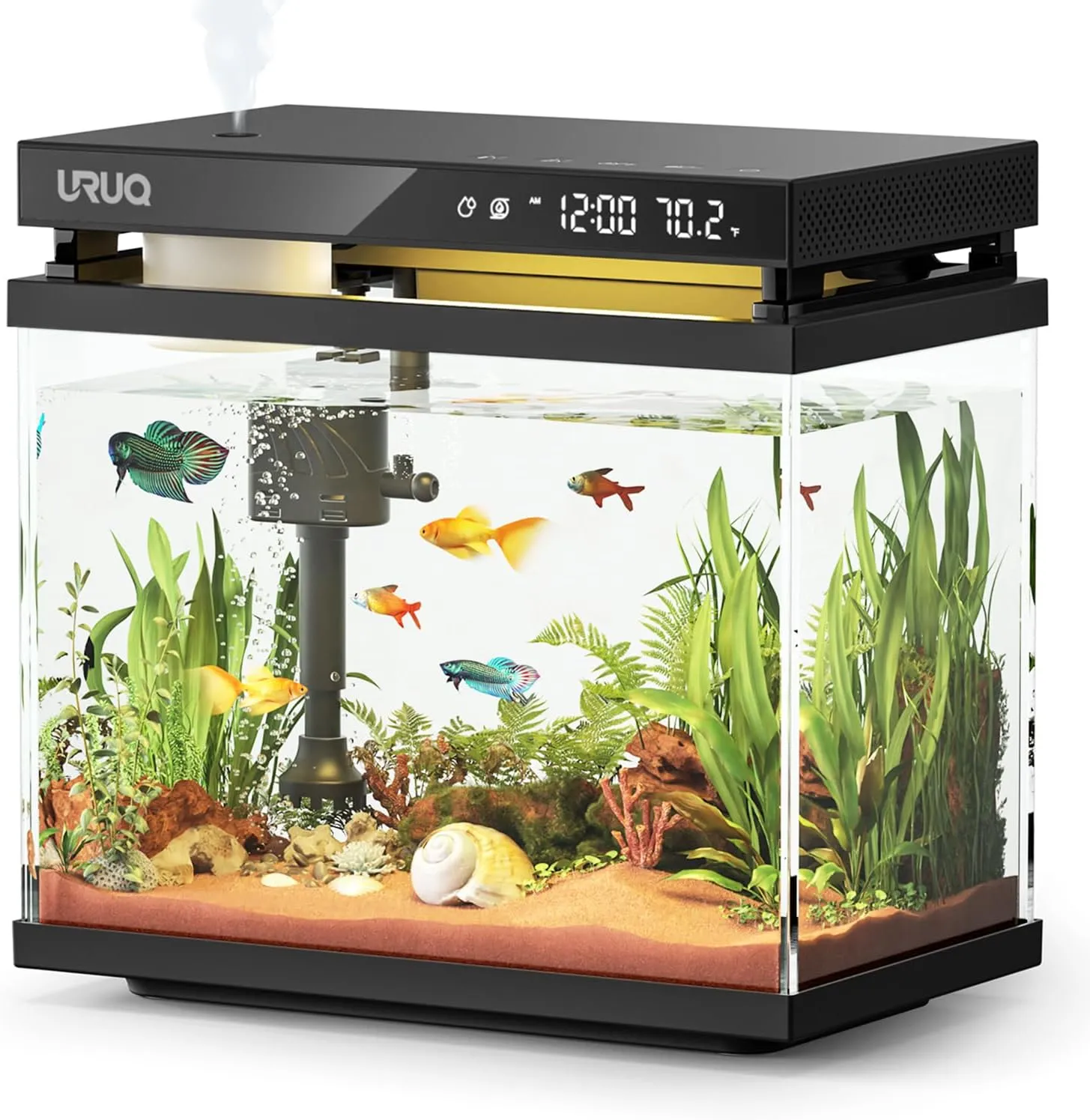 Fish Tank Smart Aquarium Kit: URUQ 2Gal UHD Glass Silent Pump Self Cleaning Multi-Layer Filtration System - 7 Color Lights Fragrance Diffuser Humidifier Temperature Display - Room Desktop Decor Black