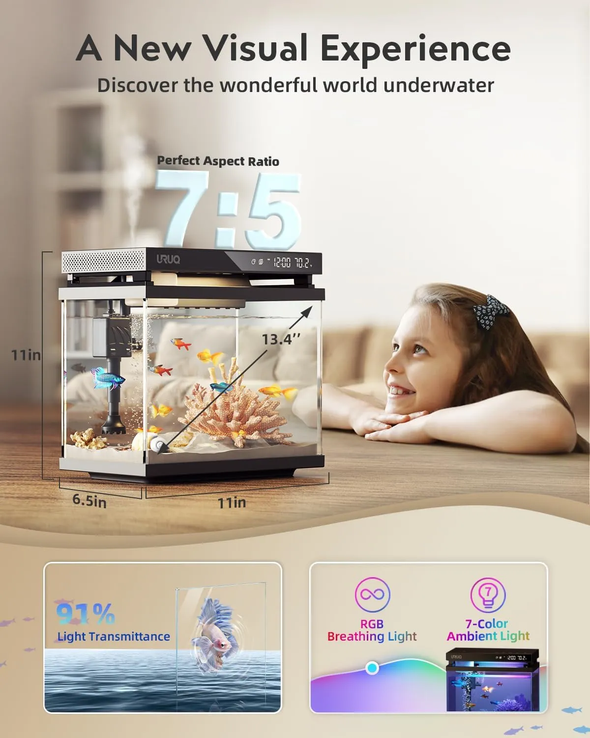 Fish Tank Smart Aquarium Kit: URUQ 2Gal UHD Glass Silent Pump Self Cleaning Multi-Layer Filtration System - 7 Color Lights Fragrance Diffuser Humidifier Temperature Display - Room Desktop Decor Black